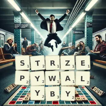 Kreatywna ilustracja do gry w Scrabble ze słowem STRZEPYWALYBY ułożonym z płytek na planszy.