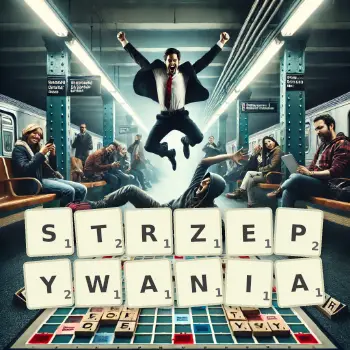 Kreatywna ilustracja do gry w Scrabble ze słowem STRZEPYWANIA ułożonym z płytek na planszy.