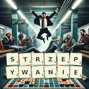 Kreatywna ilustracja do gry w Scrabble ze słowem STRZEPYWANIE ułożonym z płytek na planszy.