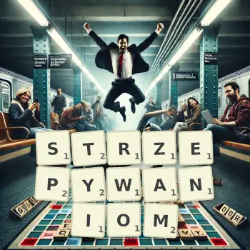 Kreatywna ilustracja do gry w Scrabble ze słowem STRZEPYWANIOM ułożonym z płytek na planszy.
