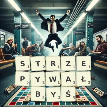 Kreatywna ilustracja do gry w Scrabble ze słowem STRZEPYWAŁBYŚ ułożonym z płytek na planszy.