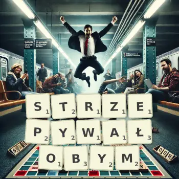 Kreatywna ilustracja do gry w Scrabble ze słowem STRZEPYWAŁOBYM ułożonym z płytek na planszy.