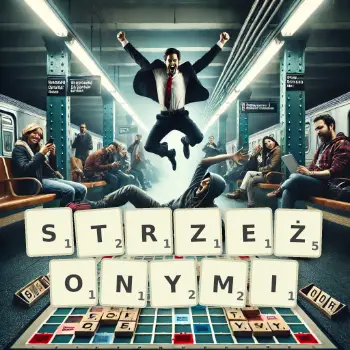 Kreatywna ilustracja do gry w Scrabble ze słowem STRZEŻONYMI ułożonym z płytek na planszy.