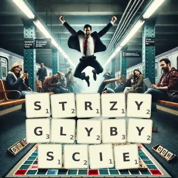 Kreatywna ilustracja do gry w Scrabble ze słowem STRZYGLYBYSCIE ułożonym z płytek na planszy.