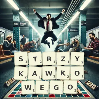 Kreatywna ilustracja do gry w Scrabble ze słowem STRZYKAWKOWEGO ułożonym z płytek na planszy.