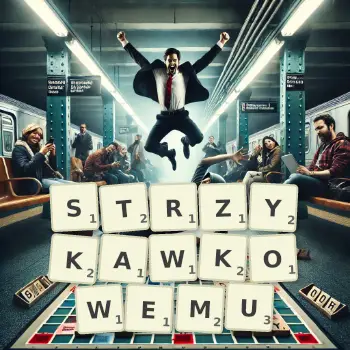 Kreatywna ilustracja do gry w Scrabble ze słowem STRZYKAWKOWEMU ułożonym z płytek na planszy.