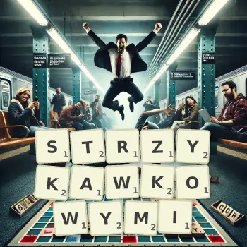 Kreatywna ilustracja do gry w Scrabble ze słowem STRZYKAWKOWYMI ułożonym z płytek na planszy.