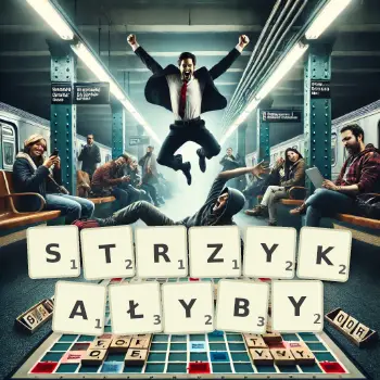 Kreatywna ilustracja do gry w Scrabble ze słowem STRZYKAŁYBY ułożonym z płytek na planszy.