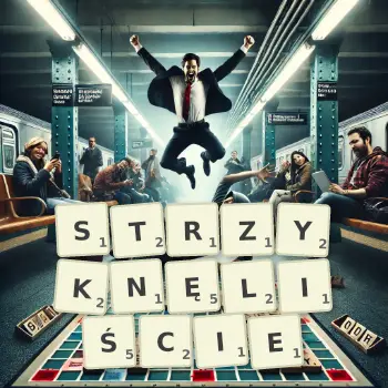 Kreatywna ilustracja do gry w Scrabble ze słowem STRZYKNĘLIŚCIE ułożonym z płytek na planszy.