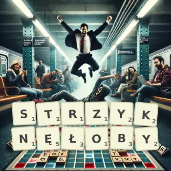 Kreatywna ilustracja do gry w Scrabble ze słowem STRZYKNĘŁOBY ułożonym z płytek na planszy.