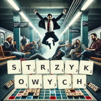 Kreatywna ilustracja do gry w Scrabble ze słowem STRZYKOWYCH ułożonym z płytek na planszy.