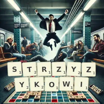 Kreatywna ilustracja do gry w Scrabble ze słowem STRZYZYKOWI ułożonym z płytek na planszy.