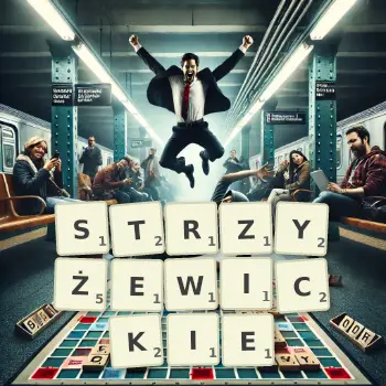 Kreatywna ilustracja do gry w Scrabble ze słowem STRZYŻEWICKIE ułożonym z płytek na planszy.