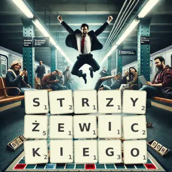 Kreatywna ilustracja do gry w Scrabble ze słowem STRZYŻEWICKIEGO ułożonym z płytek na planszy.