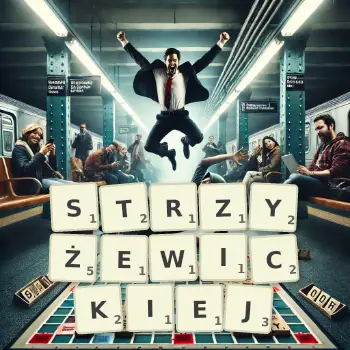 Kreatywna ilustracja do gry w Scrabble ze słowem STRZYŻEWICKIEJ ułożonym z płytek na planszy.