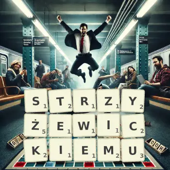 Kreatywna ilustracja do gry w Scrabble ze słowem STRZYŻEWICKIEMU ułożonym z płytek na planszy.