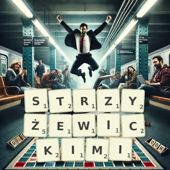 Kreatywna ilustracja do gry w Scrabble ze słowem STRZYŻEWICKIMI ułożonym z płytek na planszy.