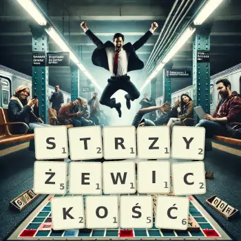 Kreatywna ilustracja do gry w Scrabble ze słowem STRZYŻEWICKOŚĆ ułożonym z płytek na planszy.