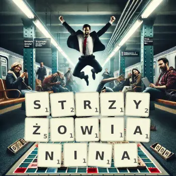 Kreatywna ilustracja do gry w Scrabble ze słowem STRZYŻOWIANINA ułożonym z płytek na planszy.