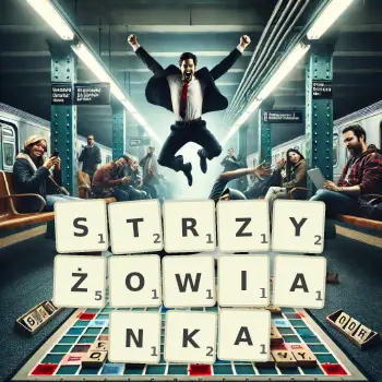 Kreatywna ilustracja do gry w Scrabble ze słowem STRZYŻOWIANKA ułożonym z płytek na planszy.