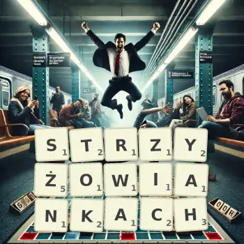 Kreatywna ilustracja do gry w Scrabble ze słowem STRZYŻOWIANKACH ułożonym z płytek na planszy.