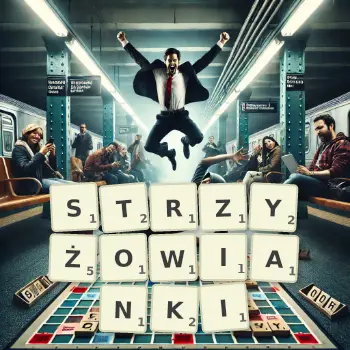 Kreatywna ilustracja do gry w Scrabble ze słowem STRZYŻOWIANKI ułożonym z płytek na planszy.
