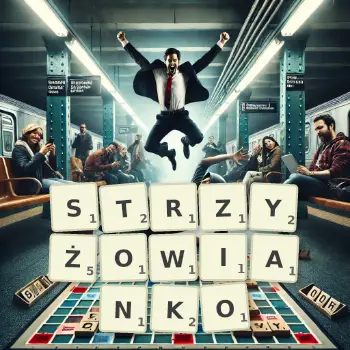 Kreatywna ilustracja do gry w Scrabble ze słowem STRZYŻOWIANKO ułożonym z płytek na planszy.