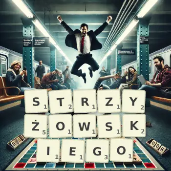 Kreatywna ilustracja do gry w Scrabble ze słowem STRZYŻOWSKIEGO ułożonym z płytek na planszy.
