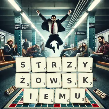 Kreatywna ilustracja do gry w Scrabble ze słowem STRZYŻOWSKIEMU ułożonym z płytek na planszy.
