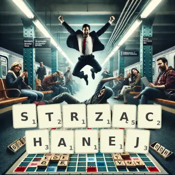 Kreatywna ilustracja do gry w Scrabble ze słowem STRZĄCHANEJ ułożonym z płytek na planszy.