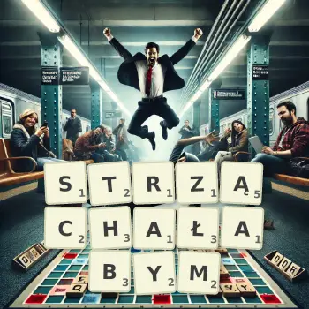 Kreatywna ilustracja do gry w Scrabble ze słowem STRZĄCHAŁABYM ułożonym z płytek na planszy.