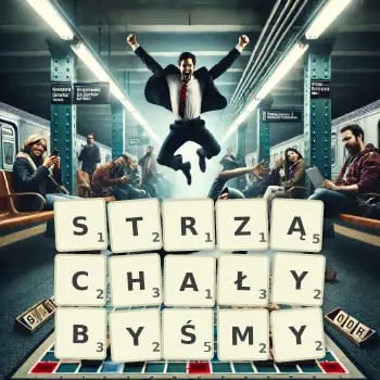 Kreatywna ilustracja do gry w Scrabble ze słowem STRZĄCHAŁYBYŚMY ułożonym z płytek na planszy.