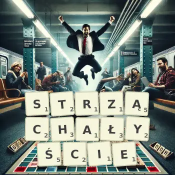 Kreatywna ilustracja do gry w Scrabble ze słowem STRZĄCHAŁYŚCIE ułożonym z płytek na planszy.