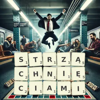 Kreatywna ilustracja do gry w Scrabble ze słowem STRZĄCHNIĘCIAMI ułożonym z płytek na planszy.