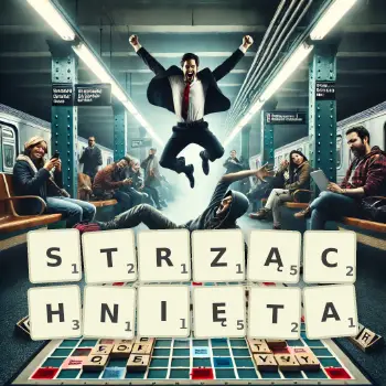 Kreatywna ilustracja do gry w Scrabble ze słowem STRZĄCHNIĘTA ułożonym z płytek na planszy.
