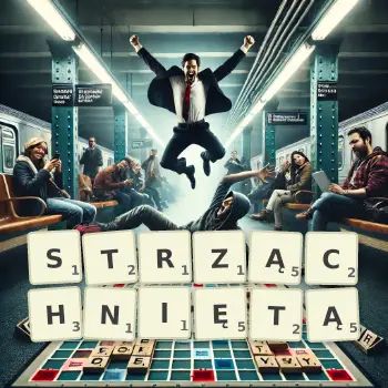 Kreatywna ilustracja do gry w Scrabble ze słowem STRZĄCHNIĘTĄ ułożonym z płytek na planszy.