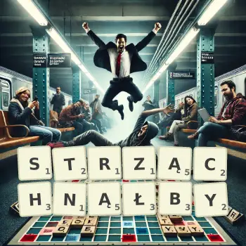 Kreatywna ilustracja do gry w Scrabble ze słowem STRZĄCHNĄŁBY ułożonym z płytek na planszy.