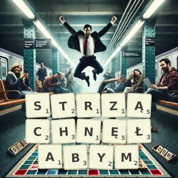 Kreatywna ilustracja do gry w Scrabble ze słowem STRZĄCHNĘŁABYM ułożonym z płytek na planszy.