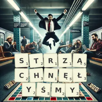 Kreatywna ilustracja do gry w Scrabble ze słowem STRZĄCHNĘŁYŚMY ułożonym z płytek na planszy.