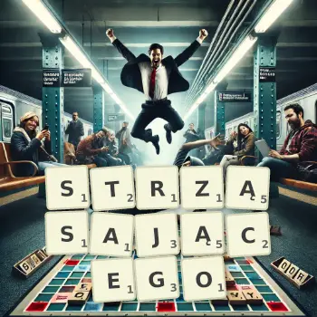 Kreatywna ilustracja do gry w Scrabble ze słowem STRZĄSAJĄCEGO ułożonym z płytek na planszy.
