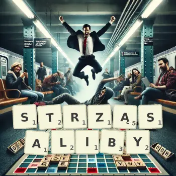Kreatywna ilustracja do gry w Scrabble ze słowem STRZĄSALIBY ułożonym z płytek na planszy.