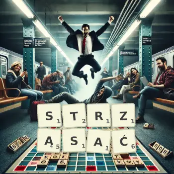 Kreatywna ilustracja do gry w Scrabble ze słowem STRZĄSAĆ ułożonym z płytek na planszy.