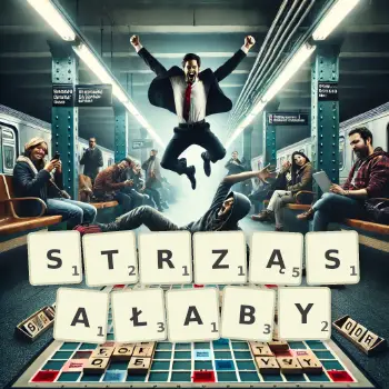 Kreatywna ilustracja do gry w Scrabble ze słowem STRZĄSAŁABY ułożonym z płytek na planszy.