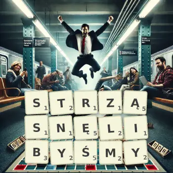 Kreatywna ilustracja do gry w Scrabble ze słowem STRZĄSNĘLIBYŚMY ułożonym z płytek na planszy.