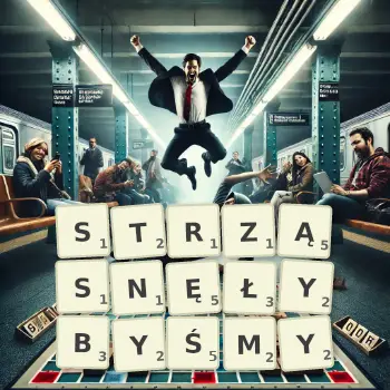 Kreatywna ilustracja do gry w Scrabble ze słowem STRZĄSNĘŁYBYŚMY ułożonym z płytek na planszy.