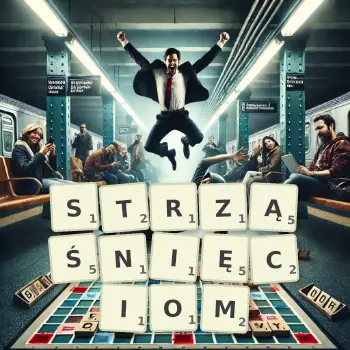 Kreatywna ilustracja do gry w Scrabble ze słowem STRZĄŚNIĘCIOM ułożonym z płytek na planszy.