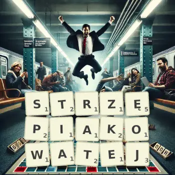 Kreatywna ilustracja do gry w Scrabble ze słowem STRZĘPIAKOWATEJ ułożonym z płytek na planszy.