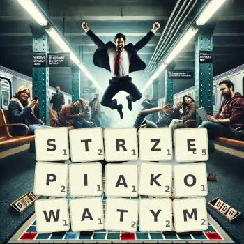 Kreatywna ilustracja do gry w Scrabble ze słowem STRZĘPIAKOWATYM ułożonym z płytek na planszy.