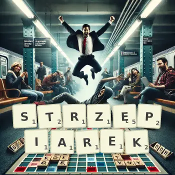 Kreatywna ilustracja do gry w Scrabble ze słowem STRZĘPIAREK ułożonym z płytek na planszy.