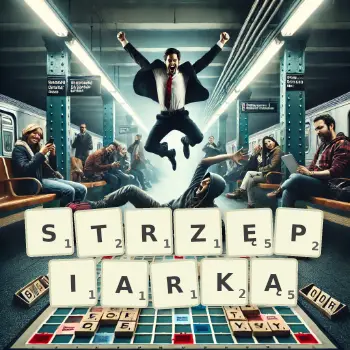Kreatywna ilustracja do gry w Scrabble ze słowem STRZĘPIARKĄ ułożonym z płytek na planszy.